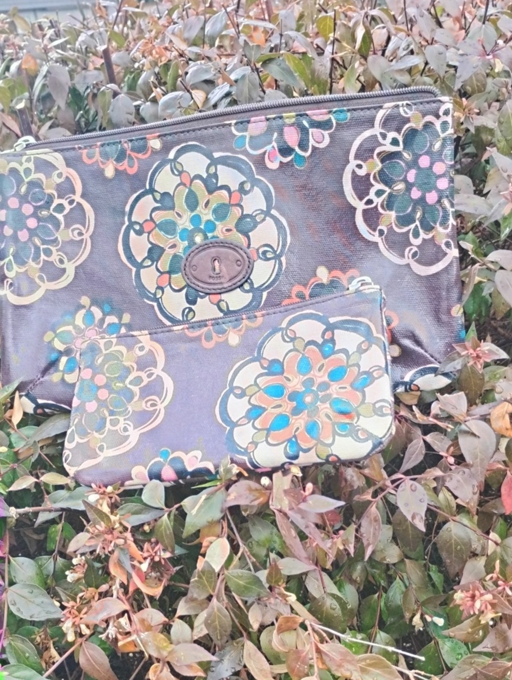 Fossil Navy Floral Medallion Zip Clutch & Pouch Set